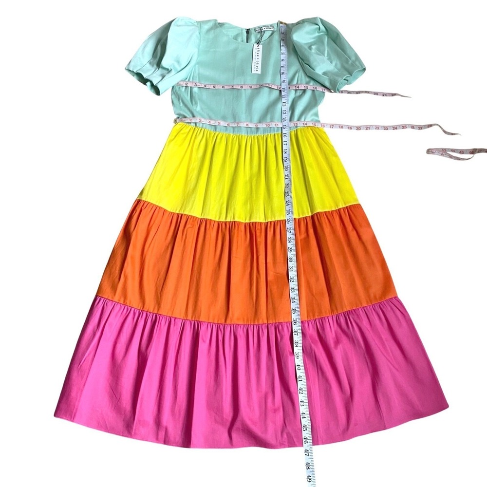 NEW ALICE + OLIVIA Linnie Tiered Rainbow Puff‎ Sleeve Poplin Midi Dress Size 8 - Picture 9 of 9